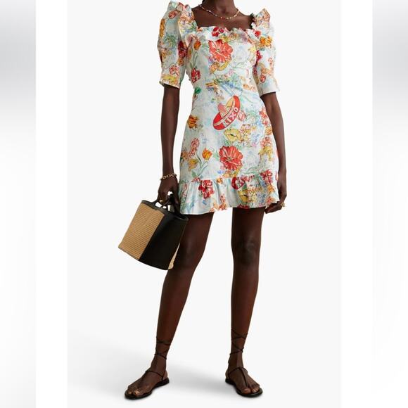 RIXO Camile Mini Dress Women’s Size 4 Printed Cotton Linen Ruffle Voile - Picture 1 of 16